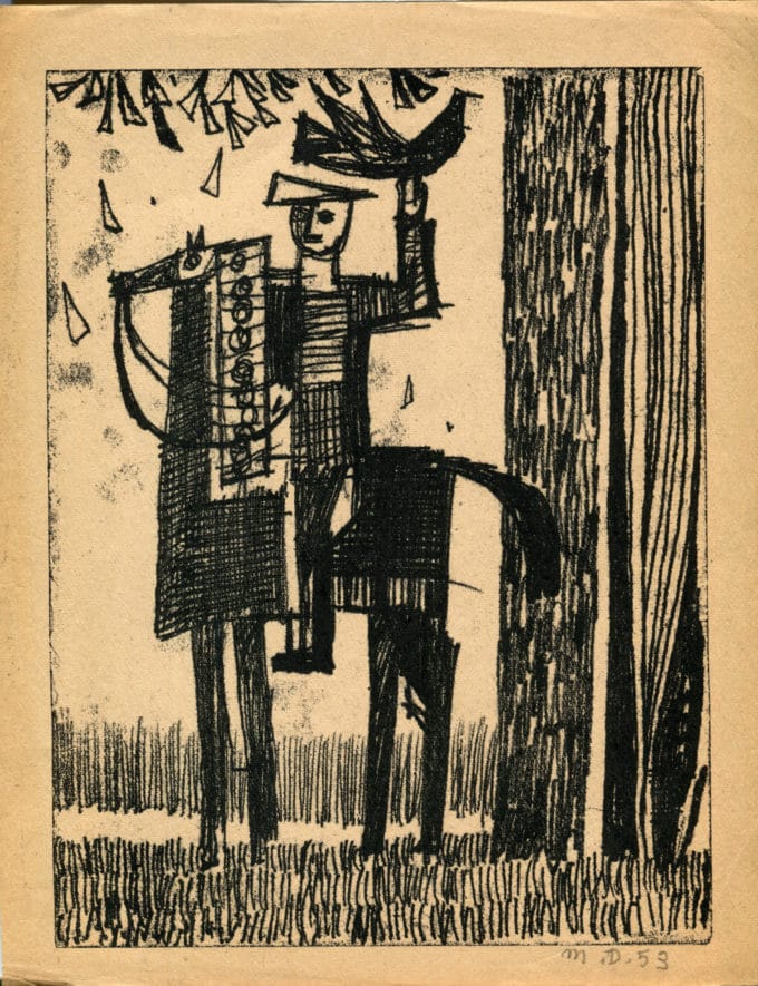 Cavalier et oiseau - Michel Debiève - Monotype - 1953 - 24x18cm