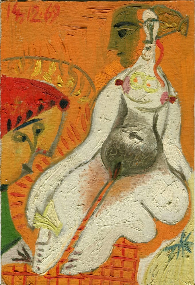 Femme nue sur fond orange - Raymond Debiève