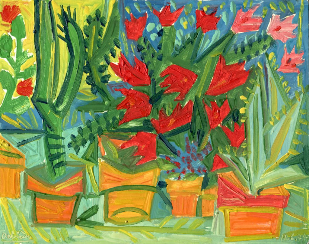 Fleurs rouges et cactus - Raymond Debiève