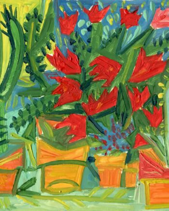 Fleurs rouges et cactus - Raymond Debiève