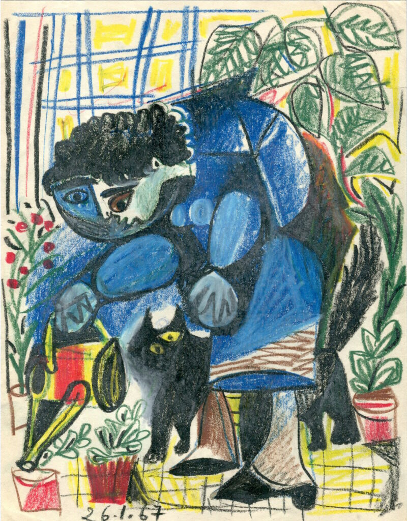 La jardinière et son chat - Raymond Debiève - craie sur papier - 1967