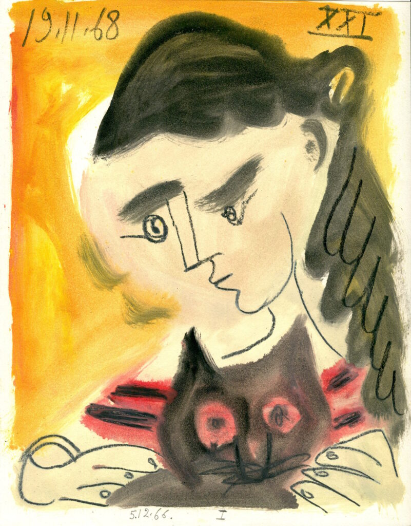 Femme au chat XXI - Raymond Debiève - aquarelle et craie sur papier - 1966/68