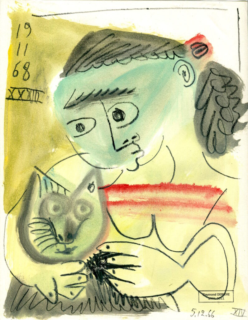 Femme au chat XXXIII - Raymond Debiève - aquarelle et craie sur papier - 1966/68