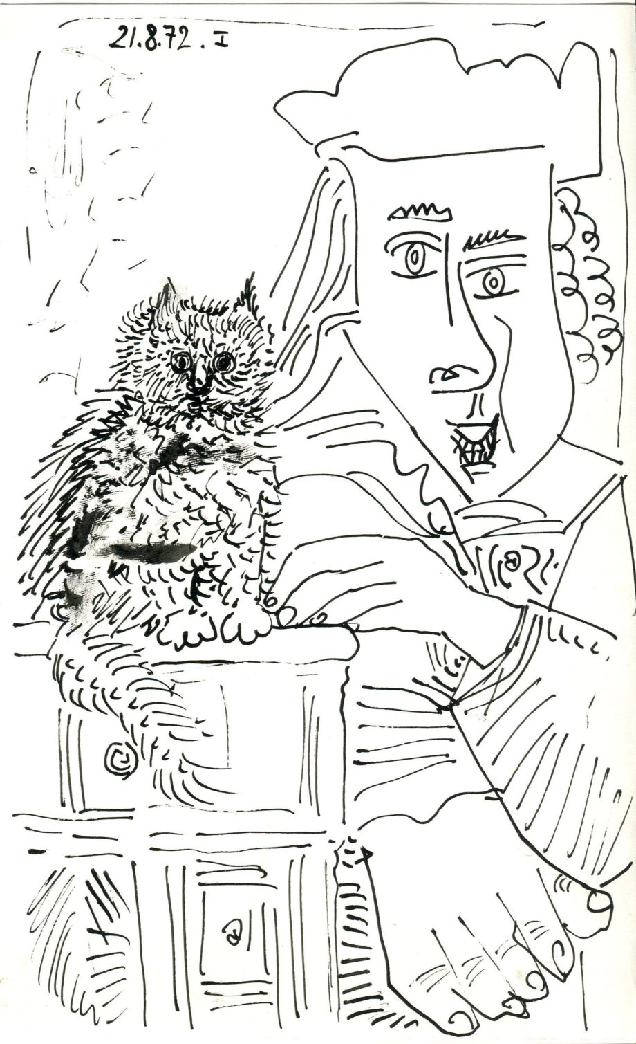 homme au chat - Raymond Debiève- 22,5x14cm - encre de chine - 180 euros