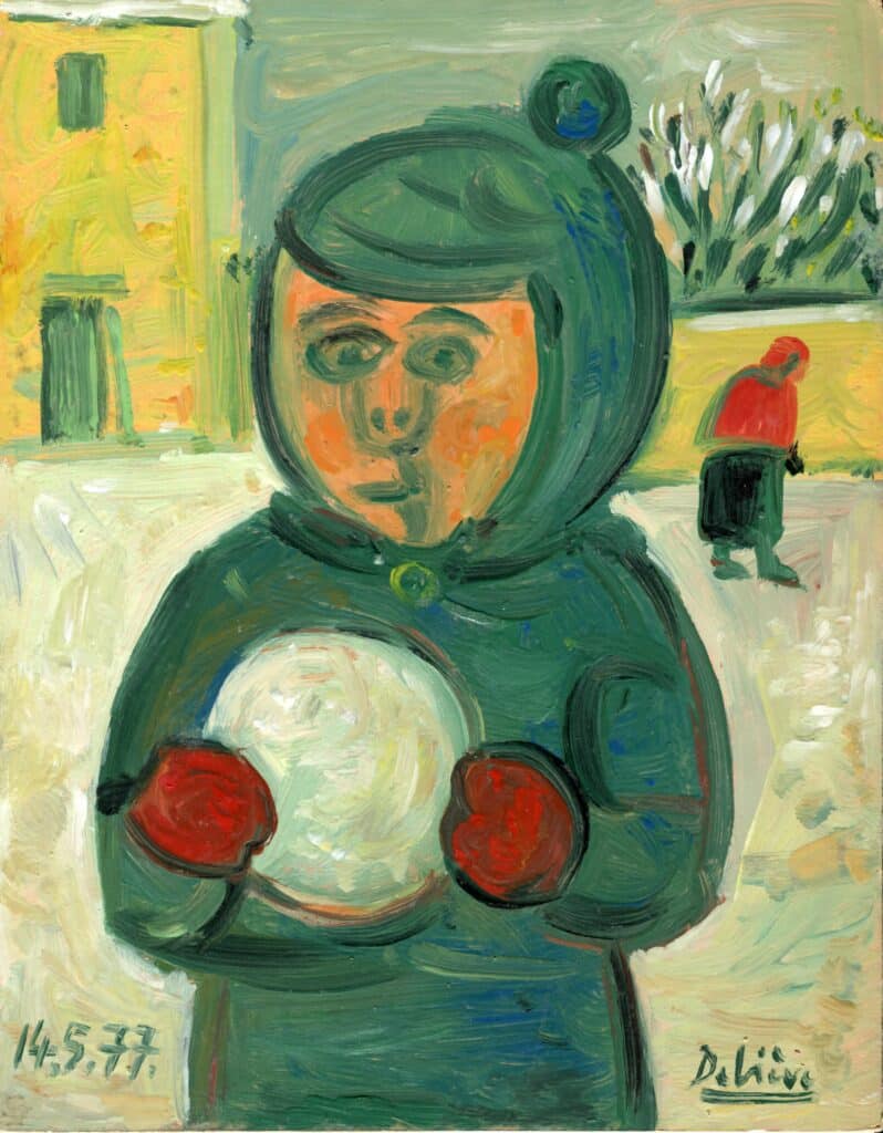 La boule de neige - Raymond Debiève - huile sur carton - 1977