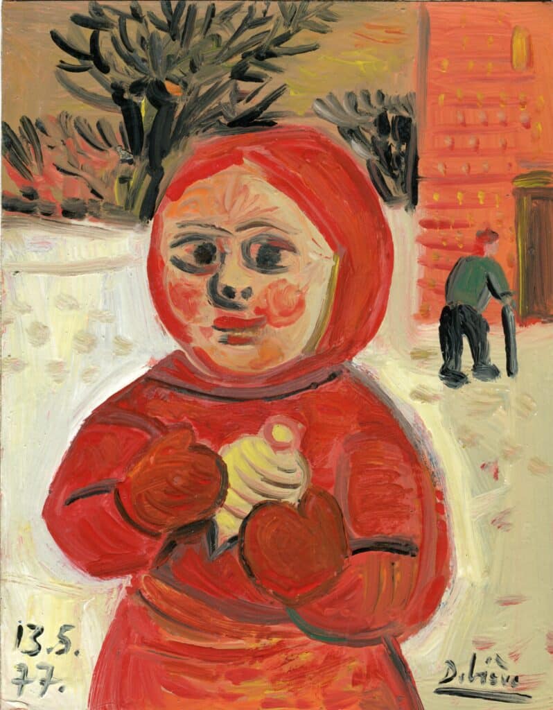 Petite fille à la toupie - Raymond Debiève - huile sur carton - 1977