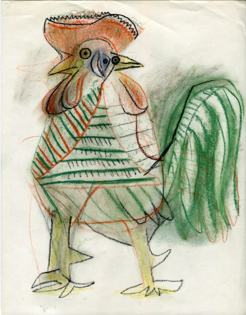 Coq artiste - Raymond Debiève - craie sur papier