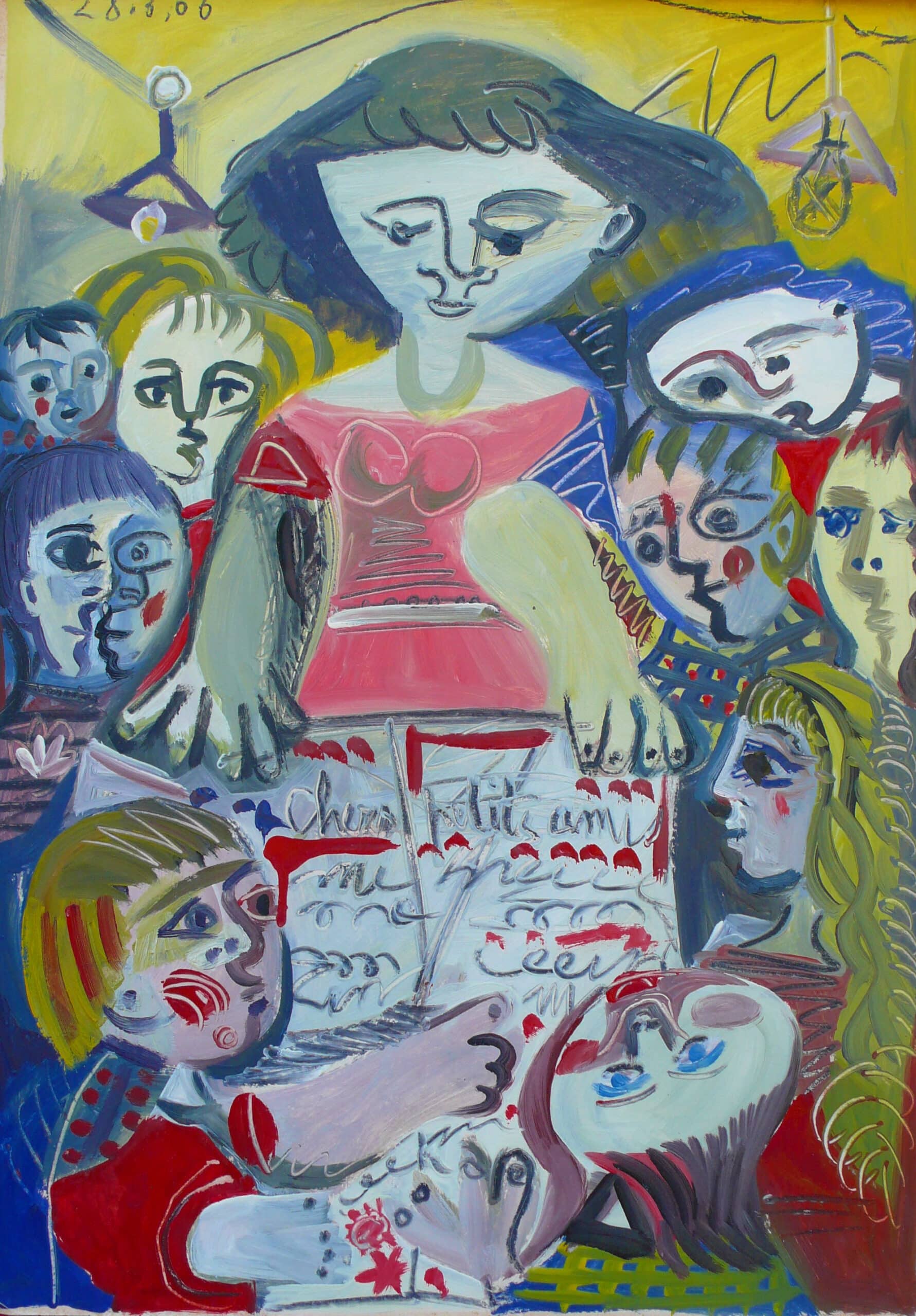 Jeannette et les enfants - Raymond Debiève - huile sur carton