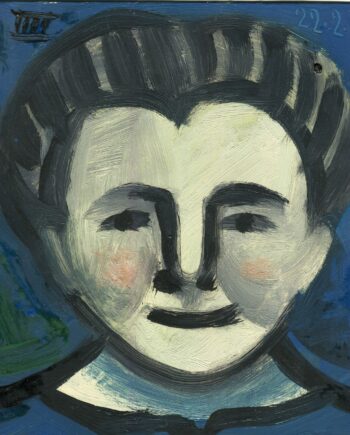 R. Debiève - Femme sur fond bleu - 20,5x18,5